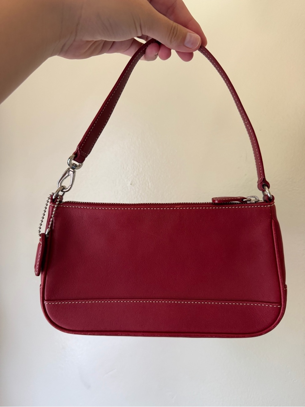 Coach Small Red Leather Shoulder Bag with Silver Hardware